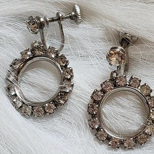 Vintage 1950s Dangle Rhinestone Hoop Earrings Silver Screw Back